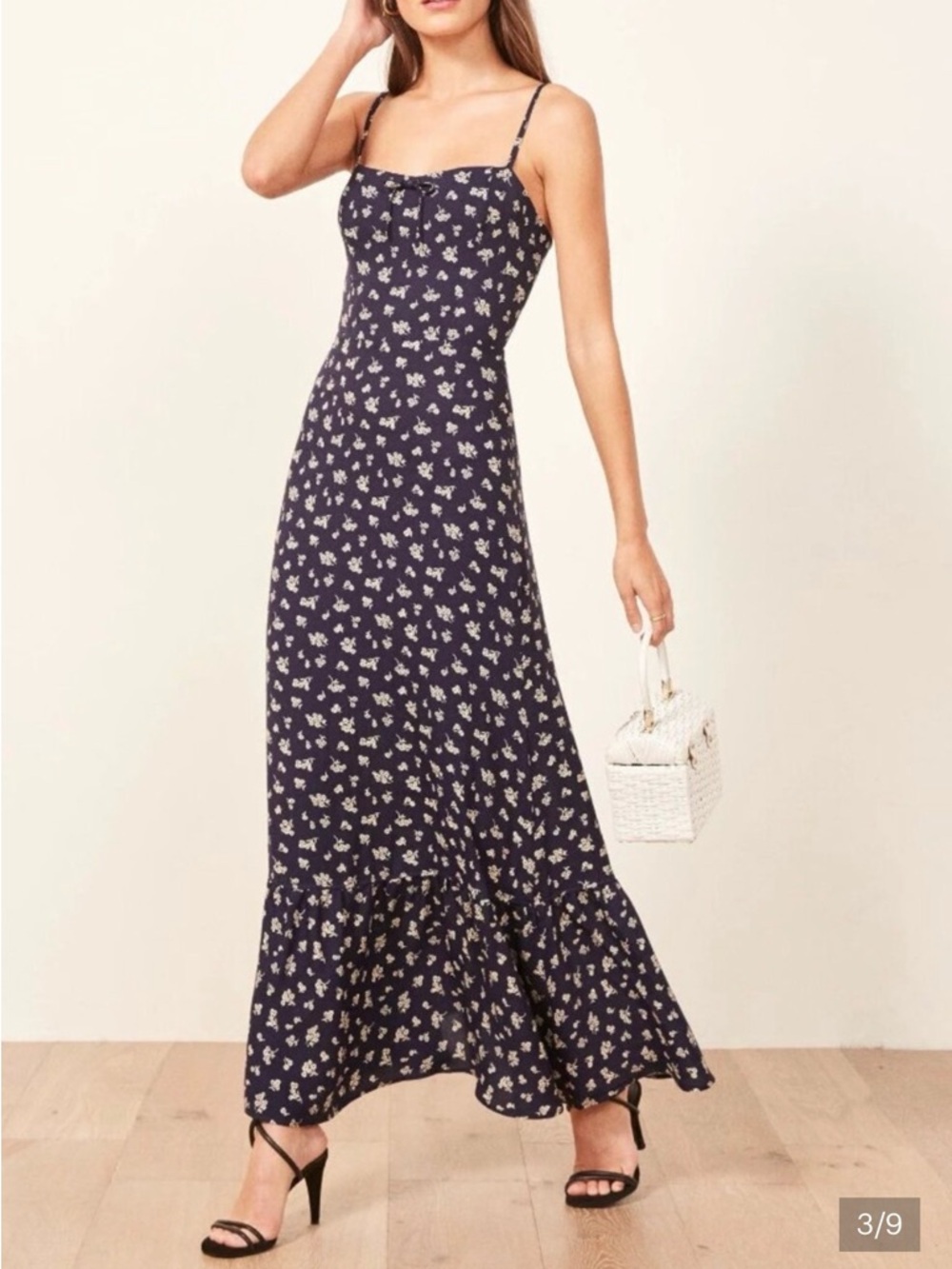 Reformation - Prairie Dress Navy Floral Maxi Sundress with Spaghetti Straps